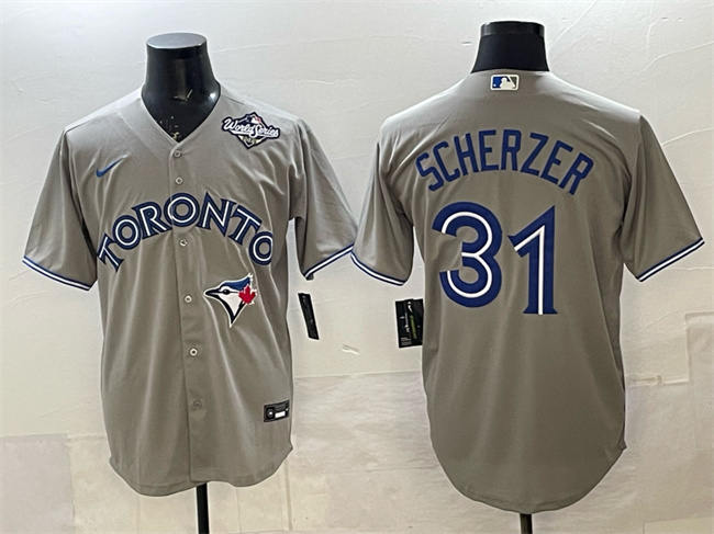 Men's Toronto Blue Jays #31 Max Scherzer Grey 2025 World Series Cool Base Stitched Baseball Jersey