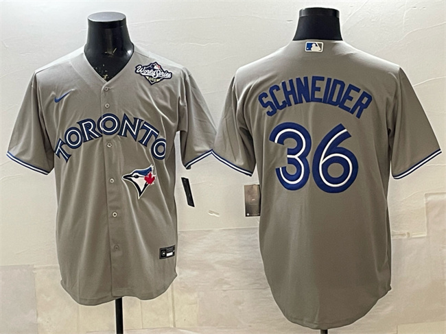 Men's Toronto Blue Jays #36 Davis Schneider Grey 2025 World Series Cool Base Stitched Baseball Jersey
