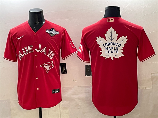 Men's Toronto Blue Jays & Leafs Red 2025 World Series With White Leafs Logo Cool Base Stitched Baseball Jersey