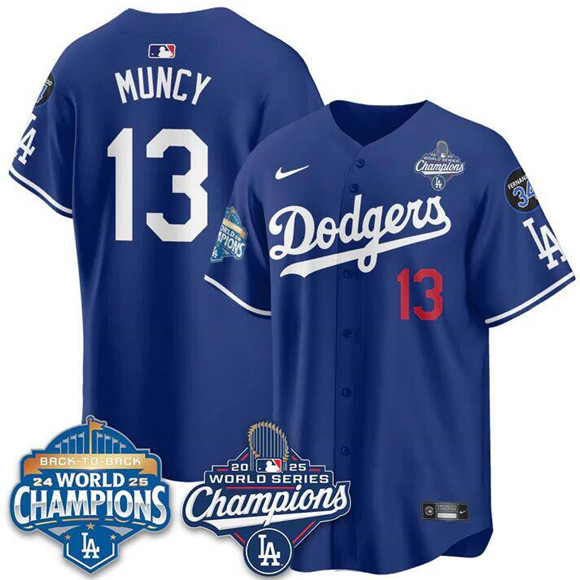 Men's Los Angeles Dodgers #13 Max Muncy Royal 2025 World Series Champions & Back To Back Champions With No.34 Patch Limited Stitched Baseball Jersey