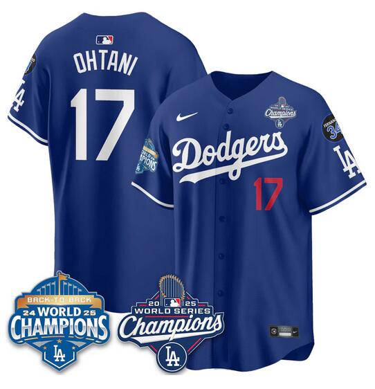 Men's Los Angeles Dodgers #17 Shohei Ohtani Royal 2025 World Series Champions & Back To Back Champions With No.34 Patch Limited Stitched Baseball Jersey
