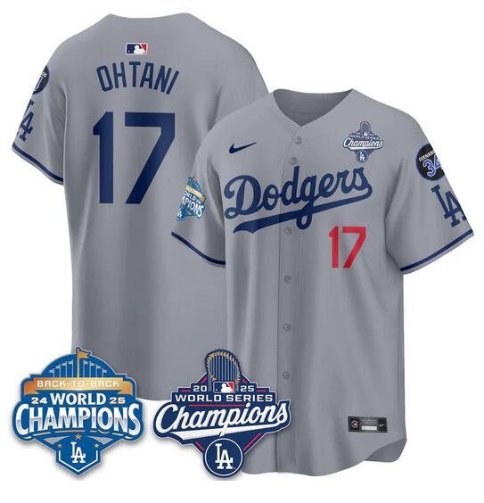 Men's Los Angeles Dodgers #17 Shohei Ohtani Grey 2025 World Series Champions & Back To Back Champions With No.34 Patch Limited Stitched Baseball Jersey