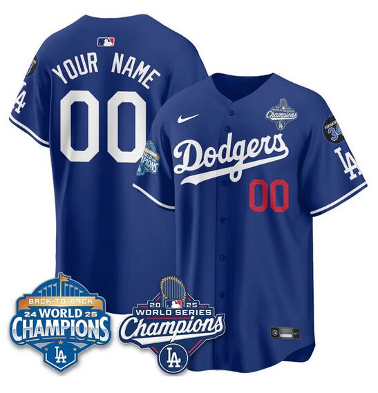 Men's Los Angeles Dodgers Active Player Custom Royal 2025 World Series Champions & Back To Back Champions With No.34 Patch Limited Stitched Baseball Jersey