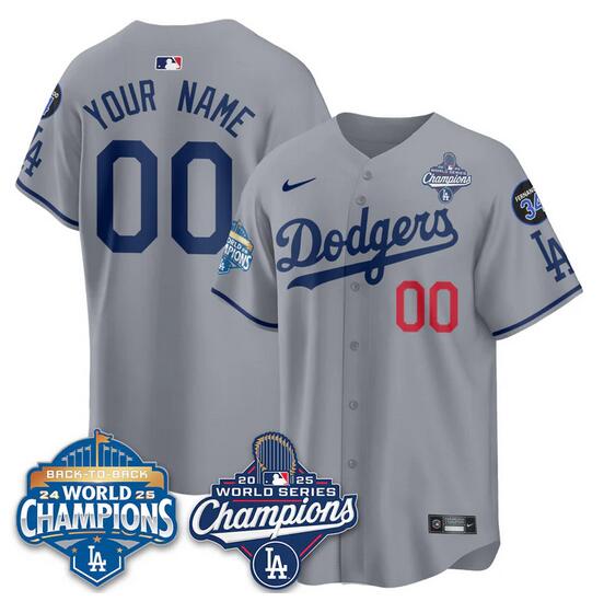 Men's Los Angeles Dodgers Active Player Custom Grey 2025 World Series Champions & Back To Back Champions With No.34 Patch Limited Stitched Baseball Jersey