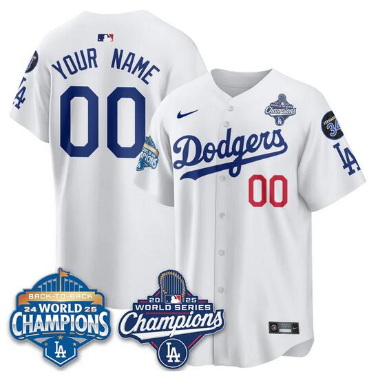 Men's Los Angeles Dodgers Active Player Custom White 2025 World Series Champions & Back To Back Champions With No.34 Patch Limited Stitched Baseball Jersey