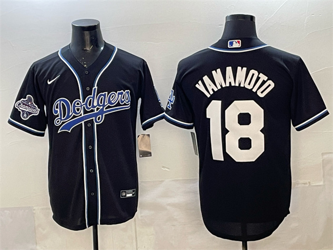 Men's Los Angeles Dodgers #18 Yoshinobu Yamamoto Black 2025 World Series Champions Patch Cool Base Stitched Baseball Jersey