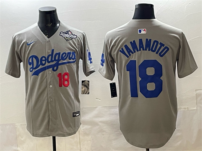 Men's Los Angeles Dodgers #18 Yoshinobu Yamamoto Grey 2025 World Series Patch Limited Stitched Baseball Jersey