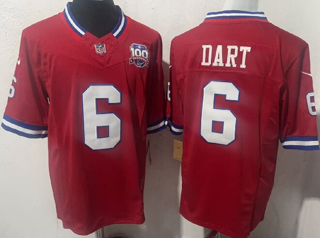 Men's New York Giants #6 Jaxson Dart Red 2025 Draft F.U.S.E. 100th Season & State Patch Vapor Limited Stitched Football Jersey