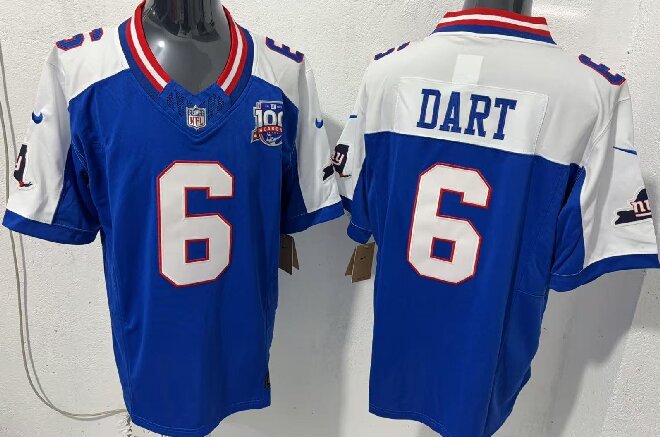 Men's New York Giants #6 Jaxson Dart Royal White 2025 Draft F.U.S.E. 100th Season & State Patch Vapor Limited Stitched Football Jersey