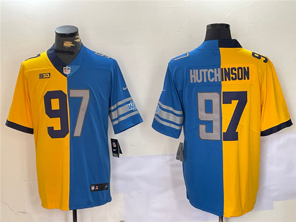 Men's Detroit Lions #97 Aidan Hutchinson Yellow Blue Split Vapor Limited Stitched  Jersey