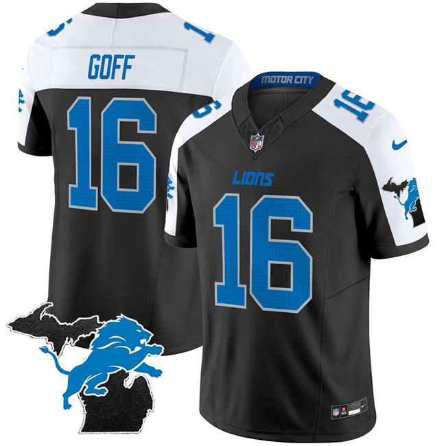 Men's Detroit Lions #16 Jared Goff Black White F.U.S.E. 2024 Michigan Patch Vapor Limited Stitched  Jersey