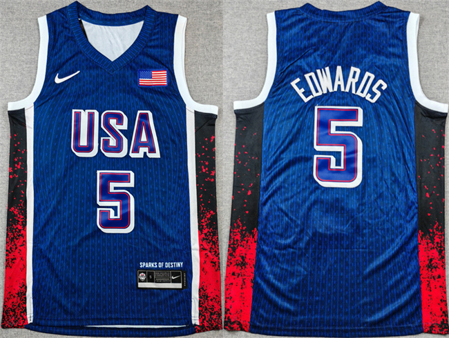 Men's USA Basketball #5 Anthony Edwards Navy 2024 Olympics Stitched Jersey
