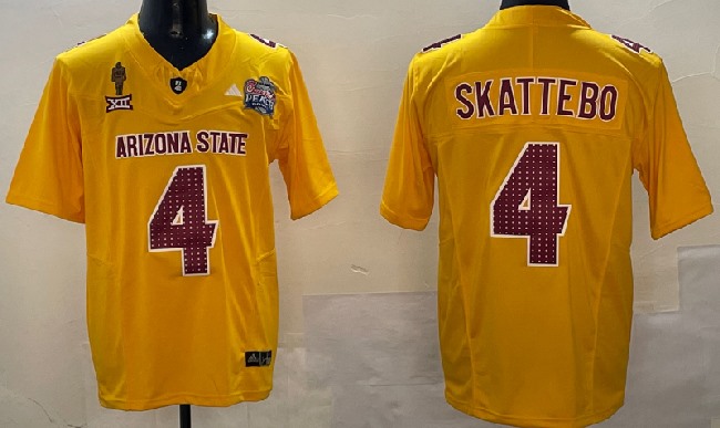 Men's Arizona State Sun Devils #4 Cam Skattebo 2024 F.U.S.E. Gold Pat Tillman & Peach Bowl Patch Vapor Limited Stitched Jersey
