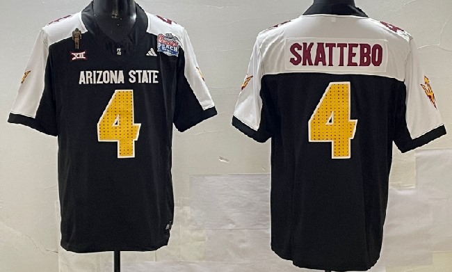 Men's Arizona State Sun Devils #4 Cam Skattebo 2024 F.U.S.E. Black White Pat Tillman & Peach Bowl Patch Vapor Limited Stitched Jersey