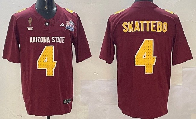 Men's Arizona State Sun Devils #4 Cam Skattebo 2024 F.U.S.E. Maroon Pat Tillman & Peach Bowl Patch Vapor Limited Stitched  Jersey