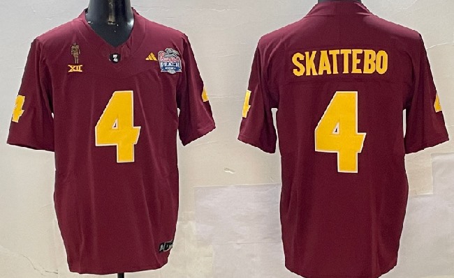 Men's Arizona State Sun Devils #4 Cam Skattebo 2024 F.U.S.E. Maroon Pat Tillman & Peach Bowl Patch Vapor Limited Stitched Jersey