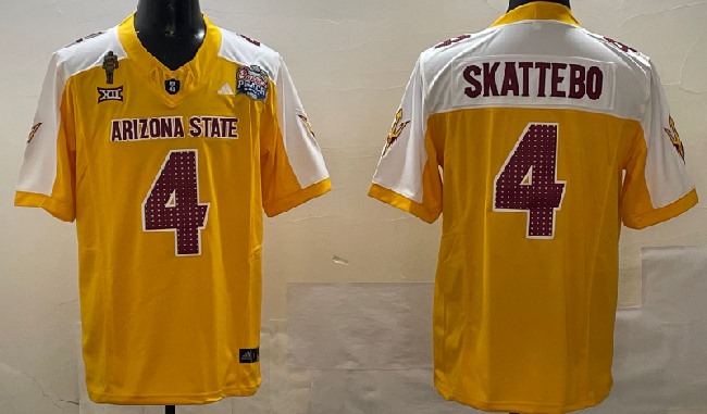 Men's Arizona State Sun Devils #4 Cam Skattebo 2024 F.U.S.E. Gold White Pat Tillman & Peach Bowl Patch Vapor Limited Stitched Jersey