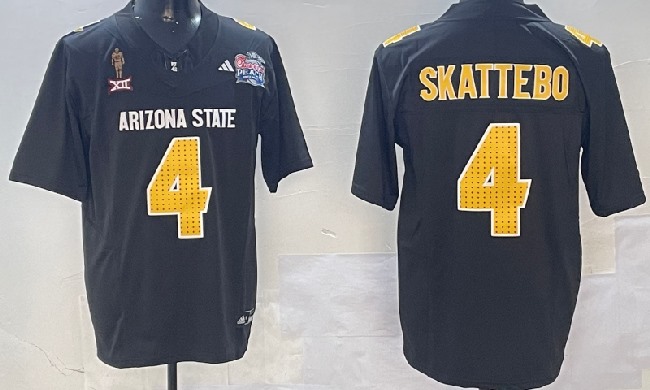 Men's Arizona State Sun Devils #4 Cam Skattebo 2024 F.U.S.E. Black Pat Tillman & Peach Bowl Patch Vapor Limited Stitched Jersey