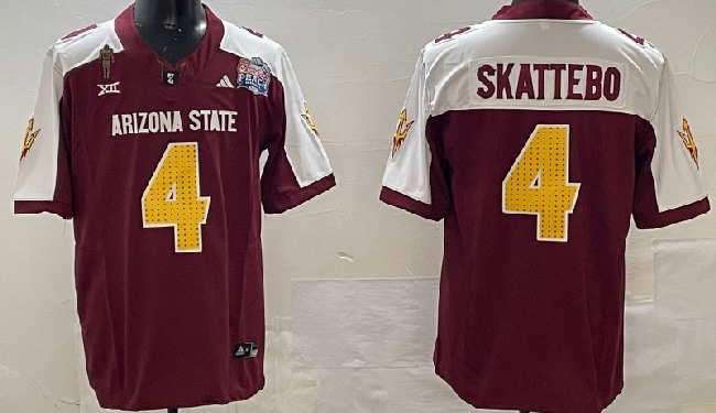 Men's Arizona State Sun Devils #4 Cam Skattebo 2024 F.U.S.E. Maroon White Pat Tillman & Peach Bowl Patch Vapor Limited Stitched Jersey