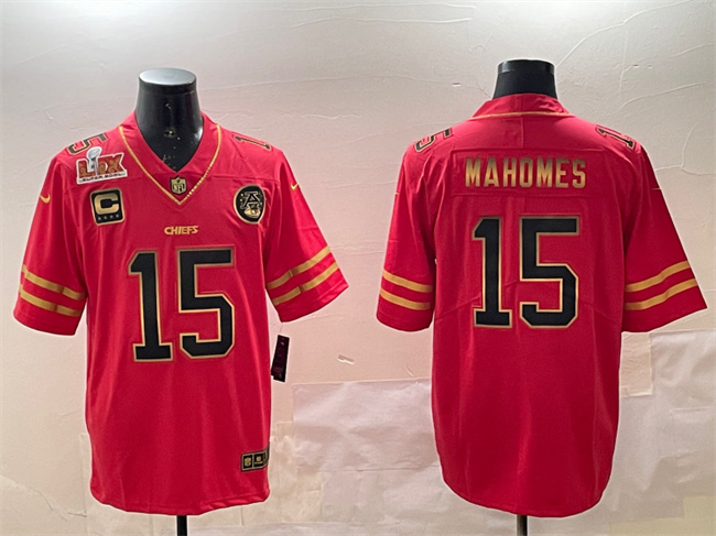 Men's Kansas City Chiefs #15 Patrick Mahomes Red Gold 2025 Super Bowl LIX Patch And 4-Star C Patch Vapor Limited Stitched Football Jersey