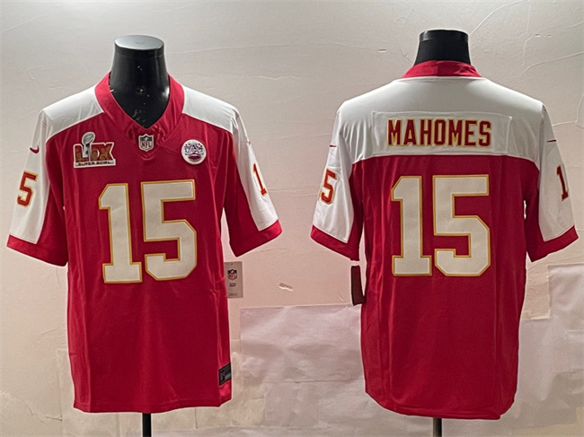 Men's Kansas City Chiefs #15 Patrick Mahomes Red White 2025 Super Bowl LIX Patch F.U.S.E. Vapor Limited Stitched Football Jersey