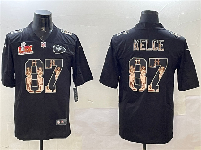 Men's Kansas City Chiefs #87 Travis Kelce Black 2025 Super Bowl LIX Patch Statue Of Liberty Vapor Limited Stitched Football Jersey
