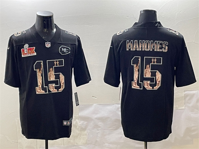 Men's Kansas City Chiefs #15 Patrick Mahomes Black 2025 Super Bowl LIX Patch Statue Of Liberty Vapor Limited Stitched Football Jersey