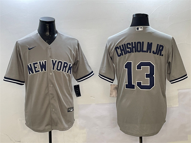 Men's New York Yankees #13 Jazz Chisholm Jr. Grey Cool Base Stitched Baseball Jersey