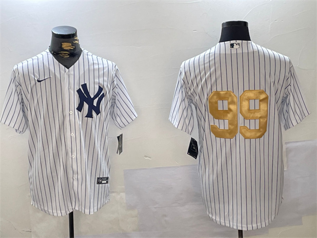 Men's New York Yankees #99 Aaron Judge White Gold Cool Base Stitched Baseball Jersey