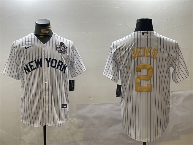 Men's New York Yankees #2 Derek Jeter White Gold 2024 World Series Cool Base Stitched Baseball Jersey