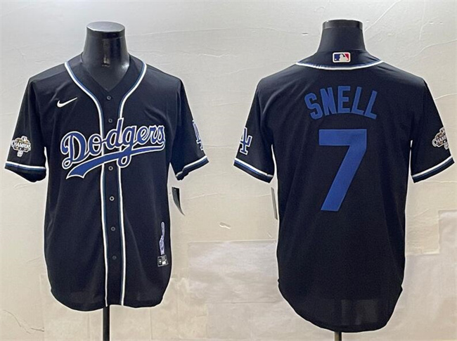 Men's Los Angeles Dodgers #7 Blake Snell Black 2024 World Series Champions Cool Base Stitched Baseball  Jersey