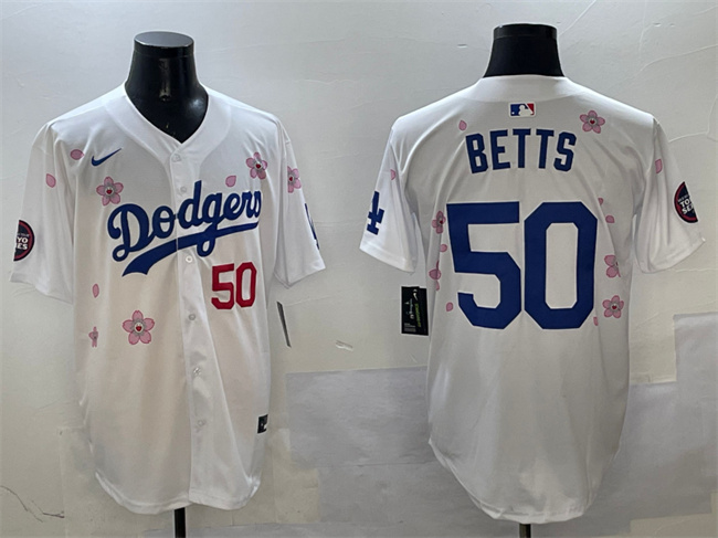 Men's Los Angeles Dodgers #50 Mookie Betts White 2025 Tokyo Series Limited Cherry Blossoms Baseball Jersey