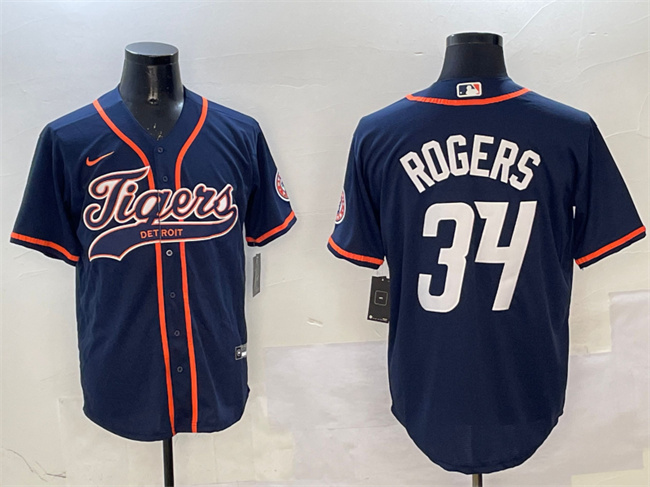 Men's Detroit Tigers #34 Jake Rogers Navy With Patch Cool Base Stitched Baseball Jersey