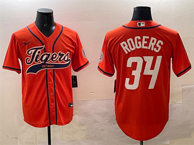 Men's Detroit Tigers #34 Jake Rogers Orange With Patch Cool Base Stitched Baseball Jersey