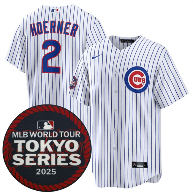 Men's Chicago Cubs #2 Nico Hoerner White 2025 World Tour Tokyo Cherry Blossoms Home Stitched