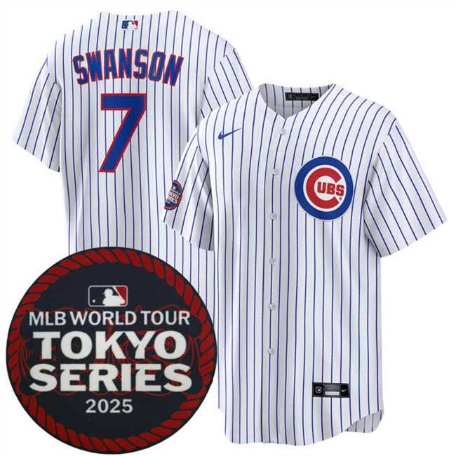 Men's Chicago Cubs #7 Dansby Swanson White 2025 World Tour Tokyo Series Home Cherry BlossomsBaseball Jersey