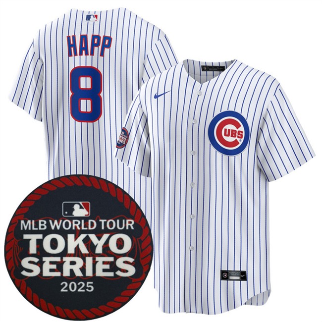 Men's Chicago Cubs #8 Ian Happ White 2025 World Tour Tokyo Series Home Cherry Blossoms Baseball Jersey