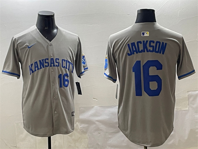 Men's Kansas City Royals #16 Bo Jackson Grey 2024 Away Limited Stitched Baseball Jersey