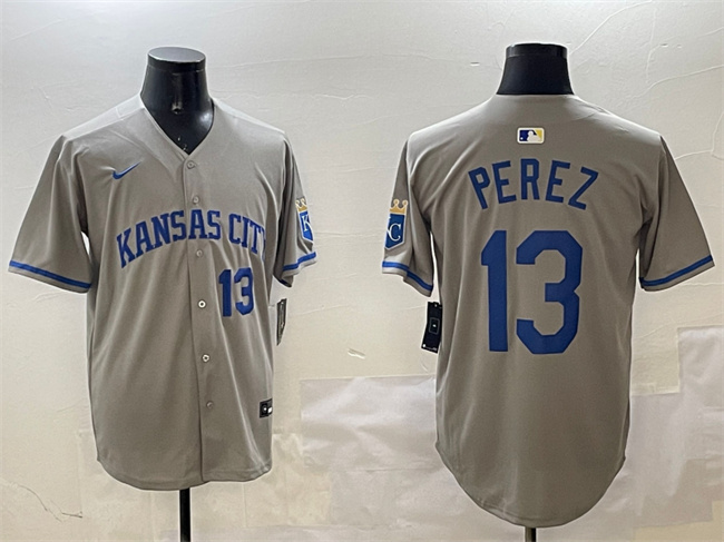 Men's Kansas City Royals #13 Salvador Perez Grey 2024 Away Limited Stitched Baseball Jersey