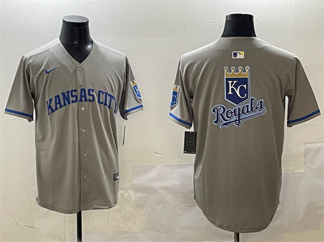 Men's Kansas City Royals Team Big Logo Grey 2024 Away Limited Stitched Baseball Jersey