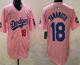 Men's Los Angeles Dodgers #18 Yoshinobu Yamamoto Pink 2025 Tokyo Series Limited Cherry Blossoms Jersey