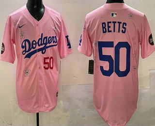 Men's Los Angeles Dodgers #50 Mookie Betts Pink 2025 Tokyo Series Limited Cherry Blossoms Jersey