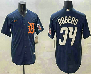 Men's Detroit Tigers #34 Jake Rogers Navy Alternate With Patch Cool Base Stitched Jersey