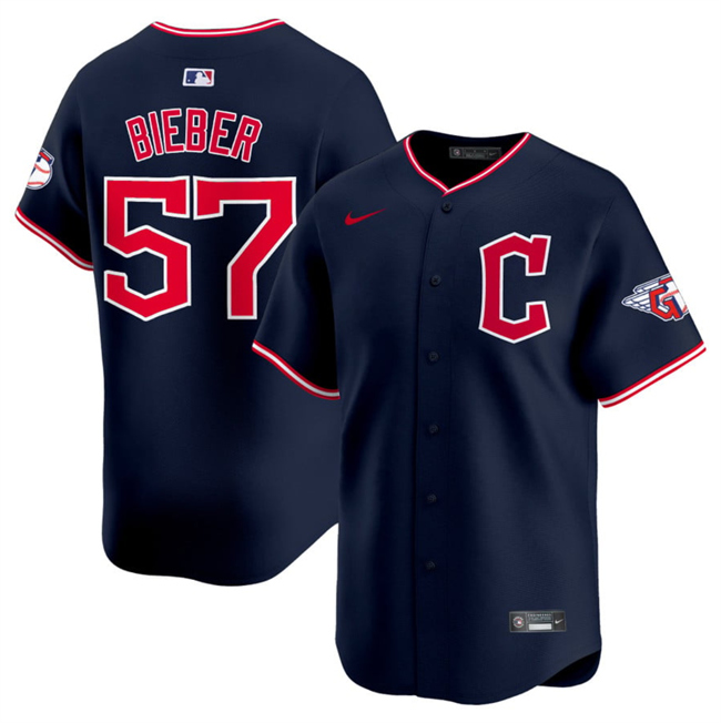 Men's Cleveland Guardians #57 Shane Bieber Navy 2025 Alternate Limited Stitched Baseball Jersey