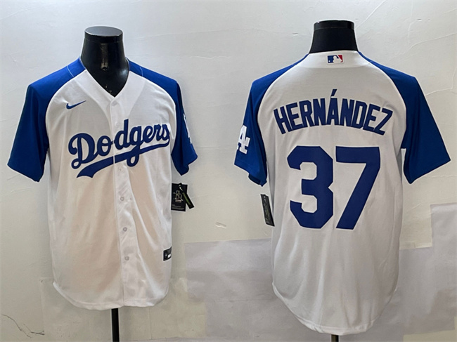 Men's Los Angeles Dodgers #37 Teoscar Hernández White Blue Cool Base Stitched Baseball Jersey