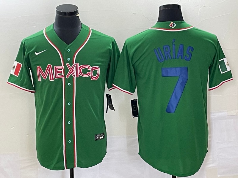 Men's Mexico Baseball #7 Julio Urías 2023 Green World Baseball With   Patch Classic Stitched Jersey