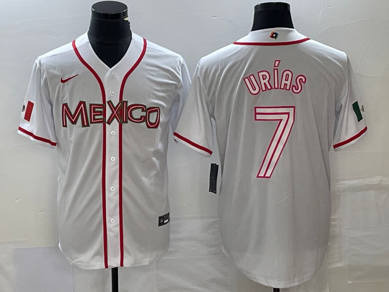 Men's Mexico Baseball #7 Julio Urías 2023 White World Baseball With Patch Classic  Stitched Jersey