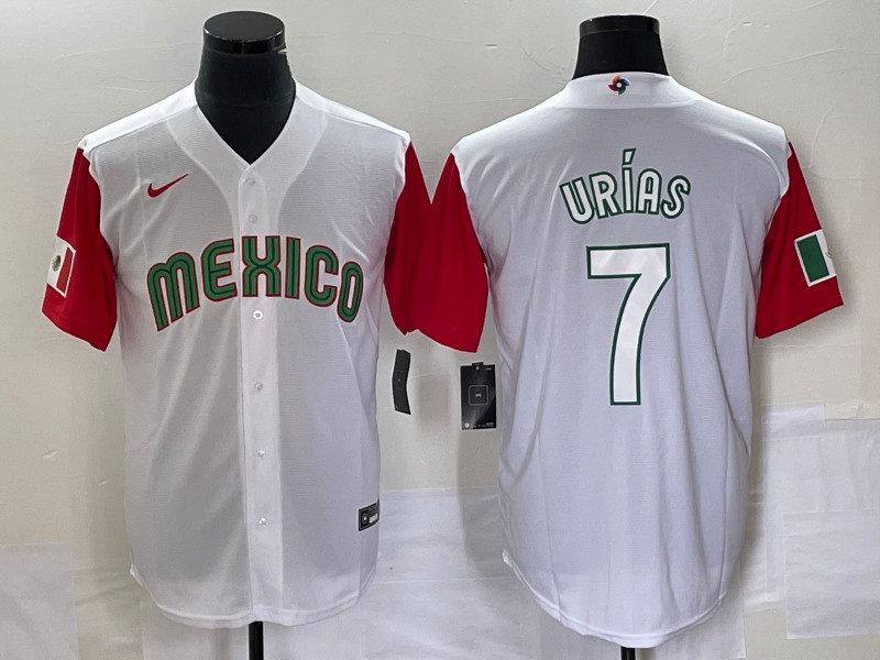 Men's Mexico Baseball #7 Julio Urías 2023 White Red World Baseball With Patch Classic Stitched  Jersey