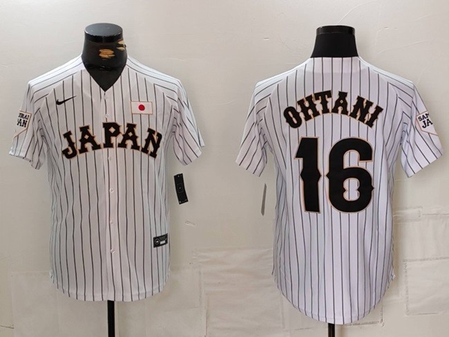 Men's Japan Baseball #16 Shohei Ohtani 2023 White Black Pinstriped Hip Hop Baseball Jersey