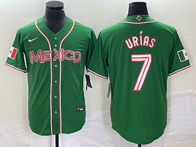 Men's Mexico Baseball #7 Julio Urías 2023 Green World Baseball  With  Patch Classic Stitched Jersey